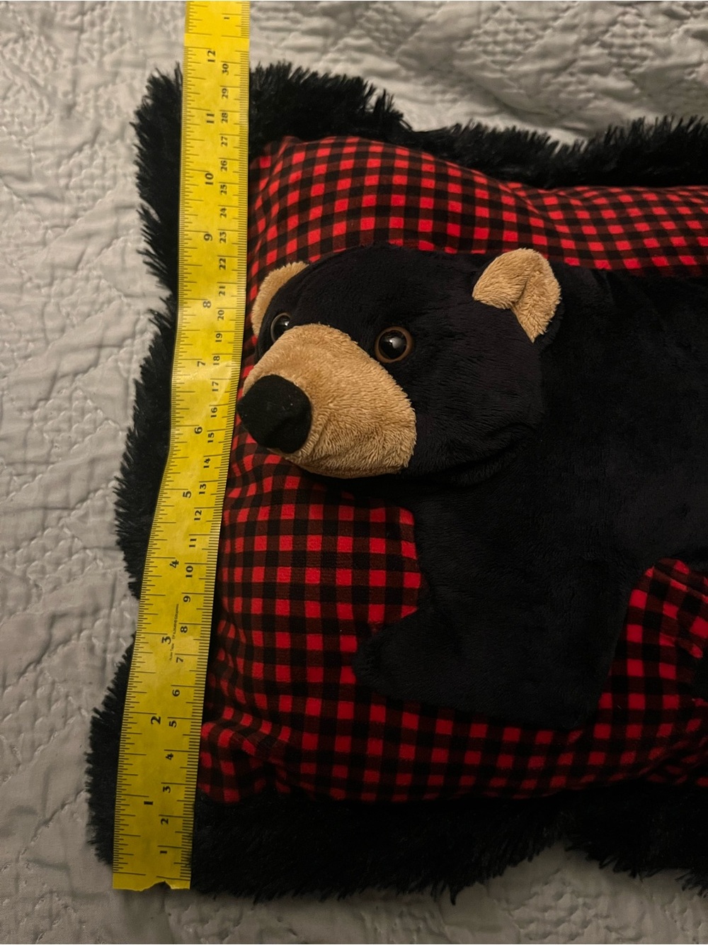 3D Black Bear Plush Pillow with Red Buffalo Check